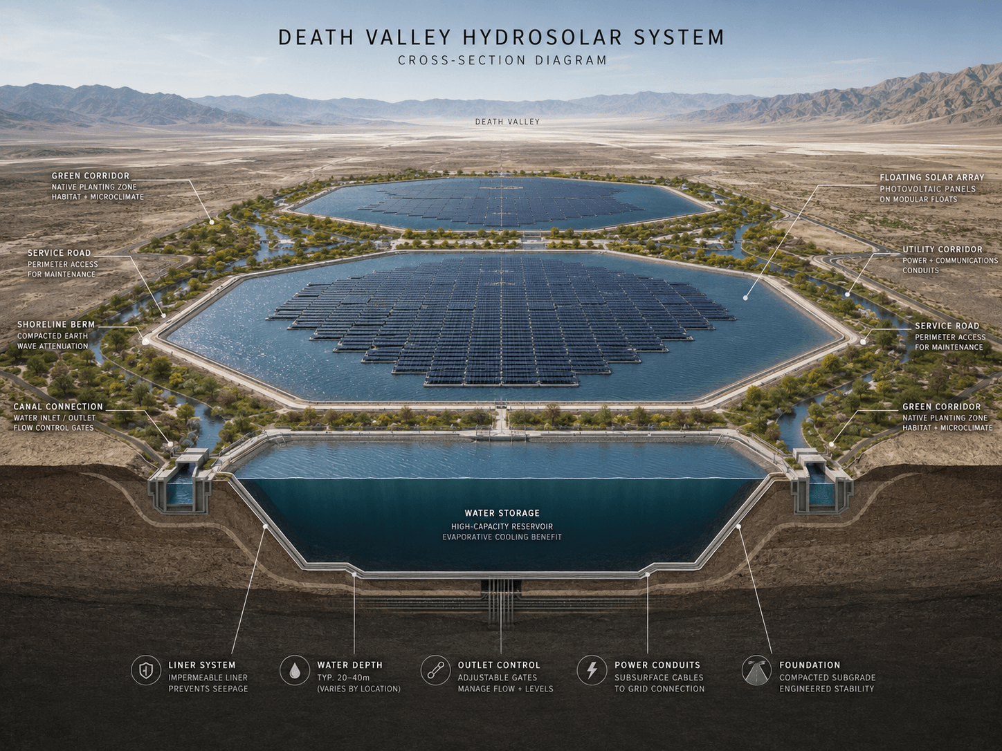 Cross-section diagram of floating solar reservoir system