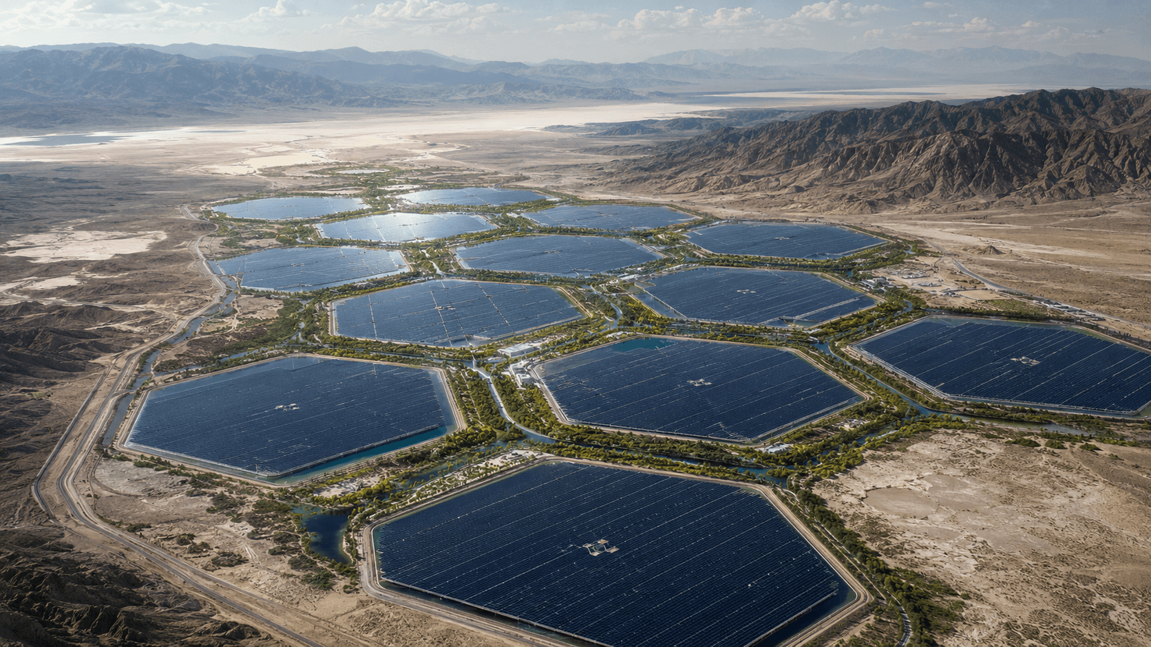 Aerial concept of hexagonal floating solar reservoirs in a desert basin
