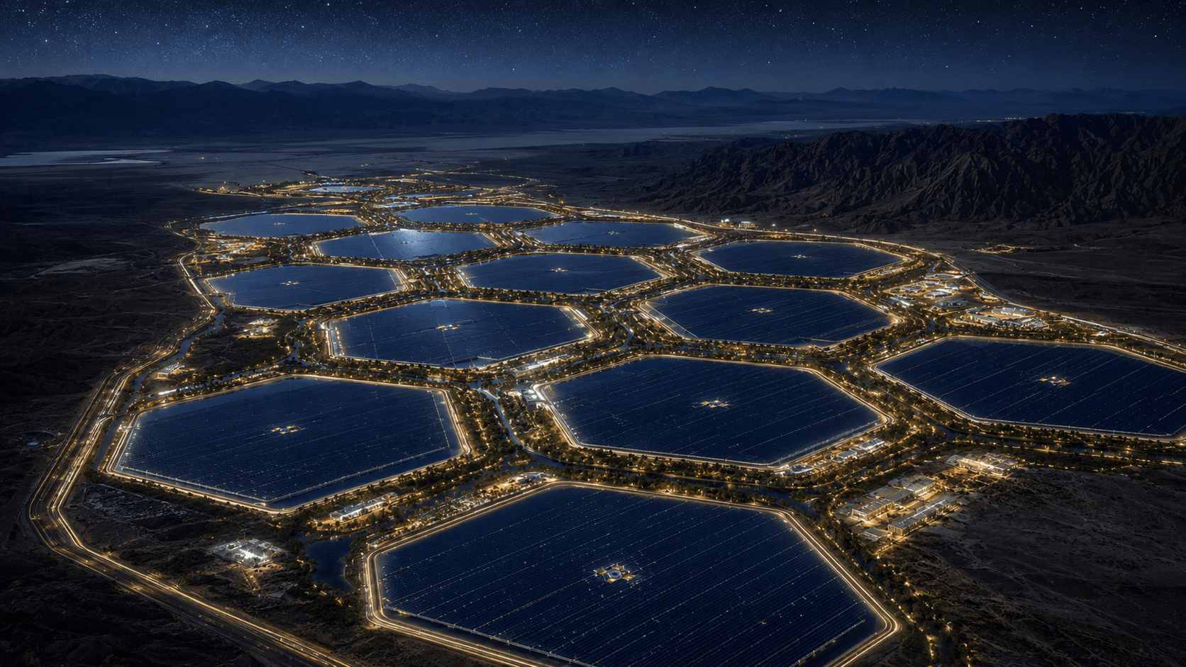 Night view of illuminated hydrosolar reservoirs
